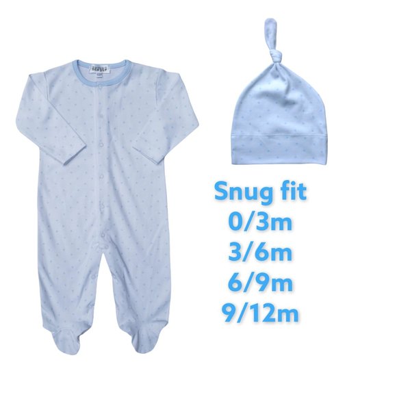 Benben Apparel Matching Footie and Hat Blue Dots - Picture 1 of 3